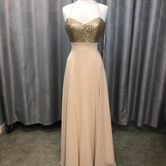 New Gold Sequin Champagne Dress, Aline Bridesmaid Formal Sparkle Gather and Gown - Picture 5 of 14